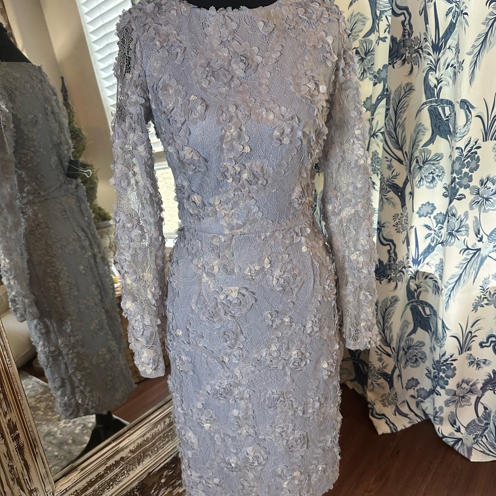 Xscape Purple and Gold Sheath Dress with Bishop Sleeves